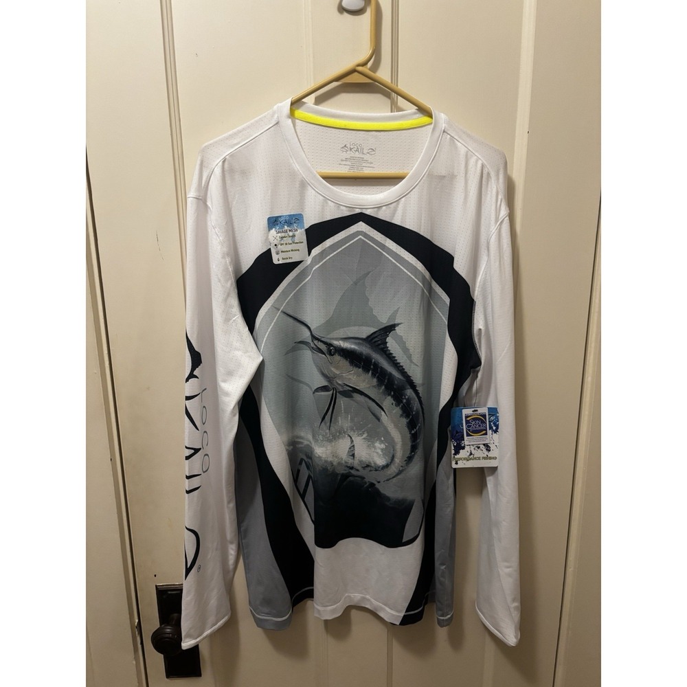 Loco Skailz Savage Mesh Performance Fishing Shirt Mens White Marlin UPF 50 Large